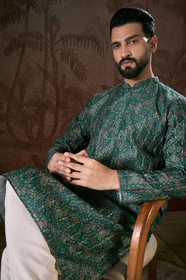 Sea Green Silk Blend Ethnic Motifs Printed Straight Kurta MKU1927