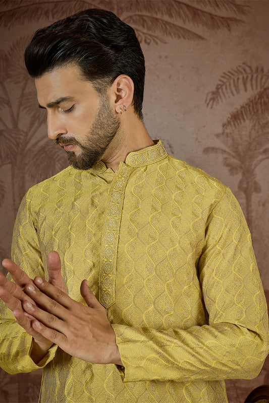 Yellow Jacquard Solid Embroidered Kurta MKU2501