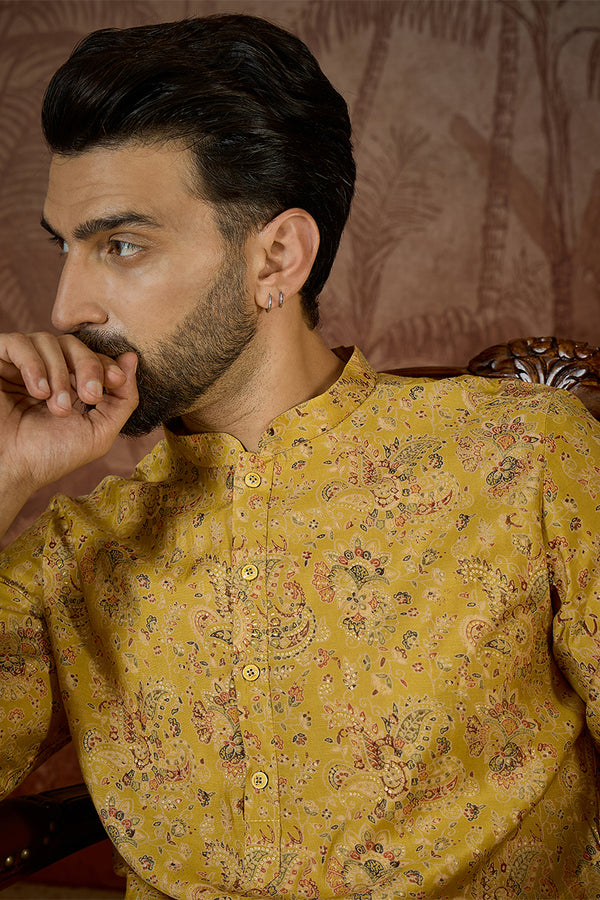 Mustard Silk Blend Ethnic Motifs Printed Kurta With Trouser MKSET2559