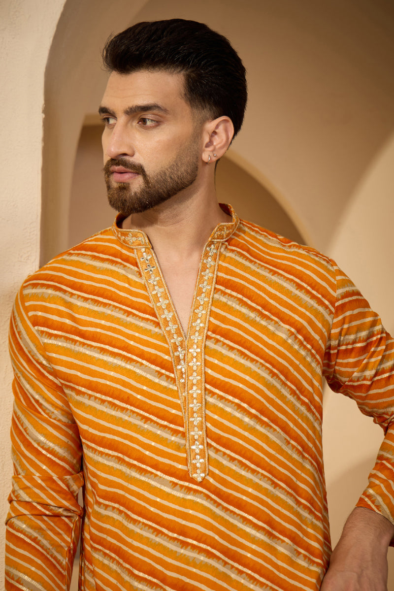 Yellow Rayon Leheriya Printed V-Neck Kurta MKU2755
