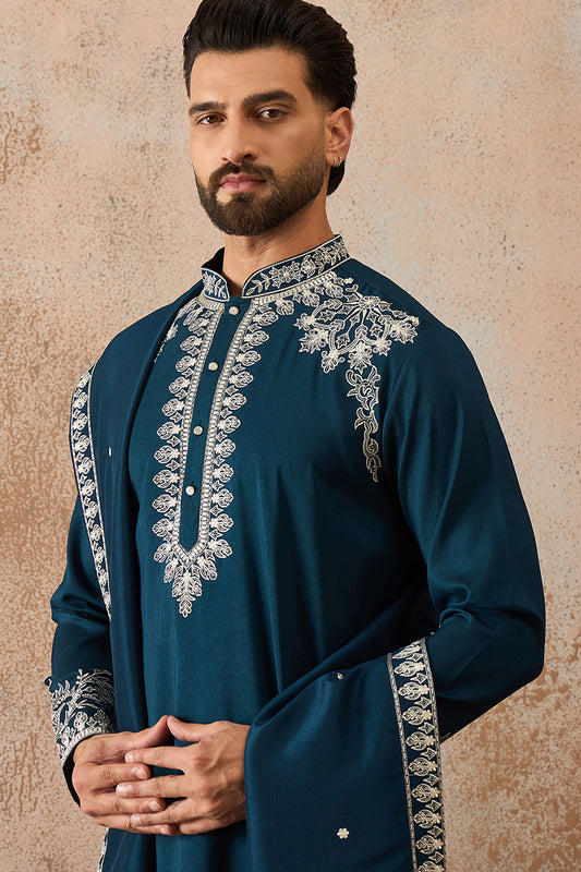 Blue Silk Blend Solid Embroidered Kurta With Dupatta MKUD1011
