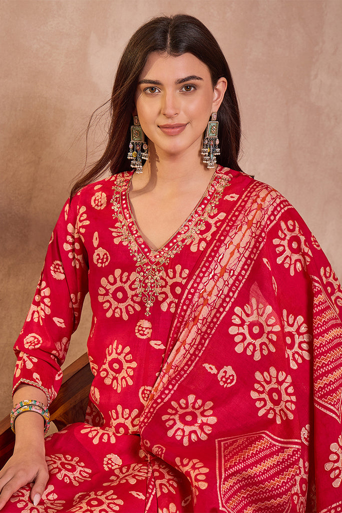 Pink Cotton Blend Abstract Printed Straight Kurta Trouser With Dupatta VKSKD3213