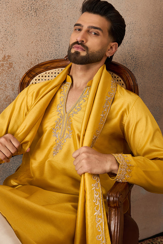Yellow Silk Blend Solid Embroidered Kurta With Dupatta MKUD1022