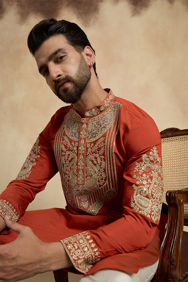Orange Silk Blend Solid Embroidered Kurta With Trouser MKSET2449