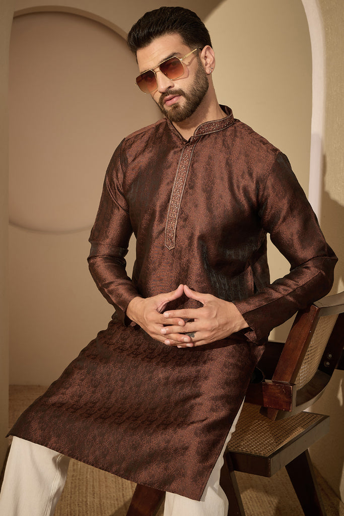 Brown Jacquard Solid Embroidered Mandarin Collar Kurta MKU2752