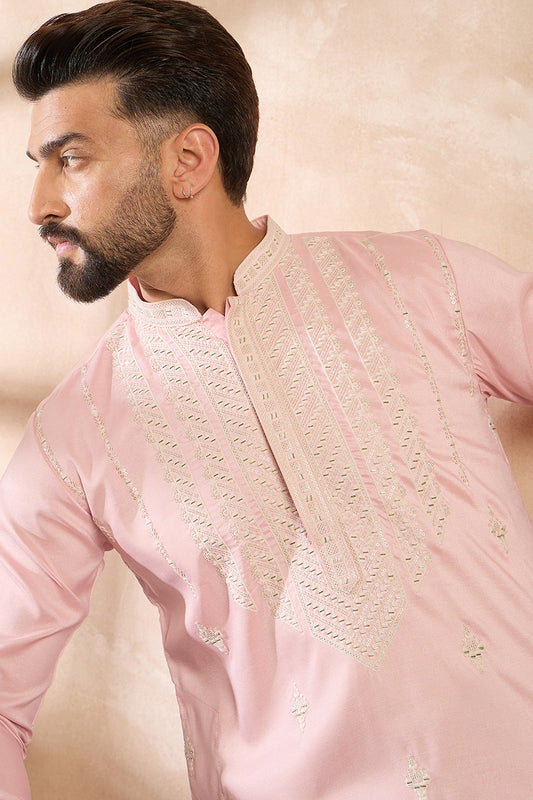 Pink Silk Geometric Embroidered Straight Kurta With Trouser MKSET1683