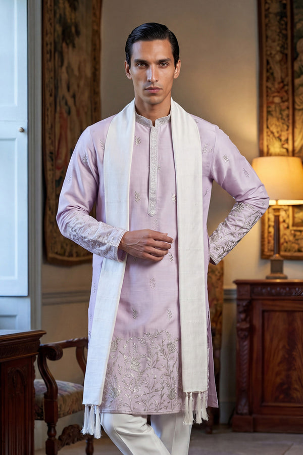 Lavender Silk Blend Floral Embroidered Straight Kurta Sets MKPD1781
