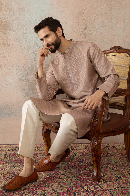 Taupe Jacquard Ethnic Motifs Embroidered Kurta With Trouser MKSET2324