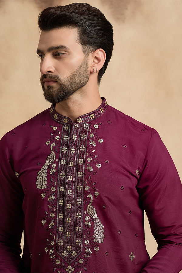 Purple Silk Blend Solid Embroidered Zari Kurta MKU2442
