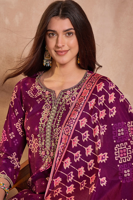 Purple Silk Blend Ethnic Motifs Printed Straight Kurta Trouser With Dupatta PKSKD3231