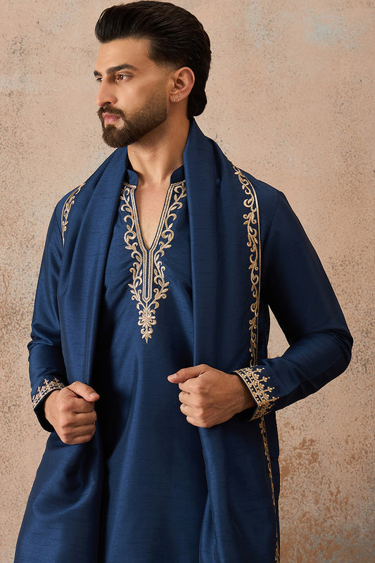 Blue Silk Blend Solid Embroidered Kurta With Dupatta MKUD1020