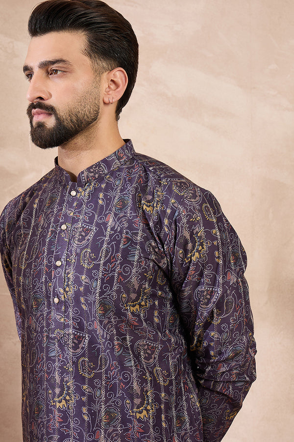 Violet Silk Blend Ethnic Motifs Printed Straight Kurta With Trouser MKSET1954