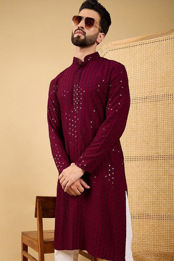 Ethnic Bay Maroon Viscose Rayon Solid Embroidered Straight Chikankari Kurta MKU1044