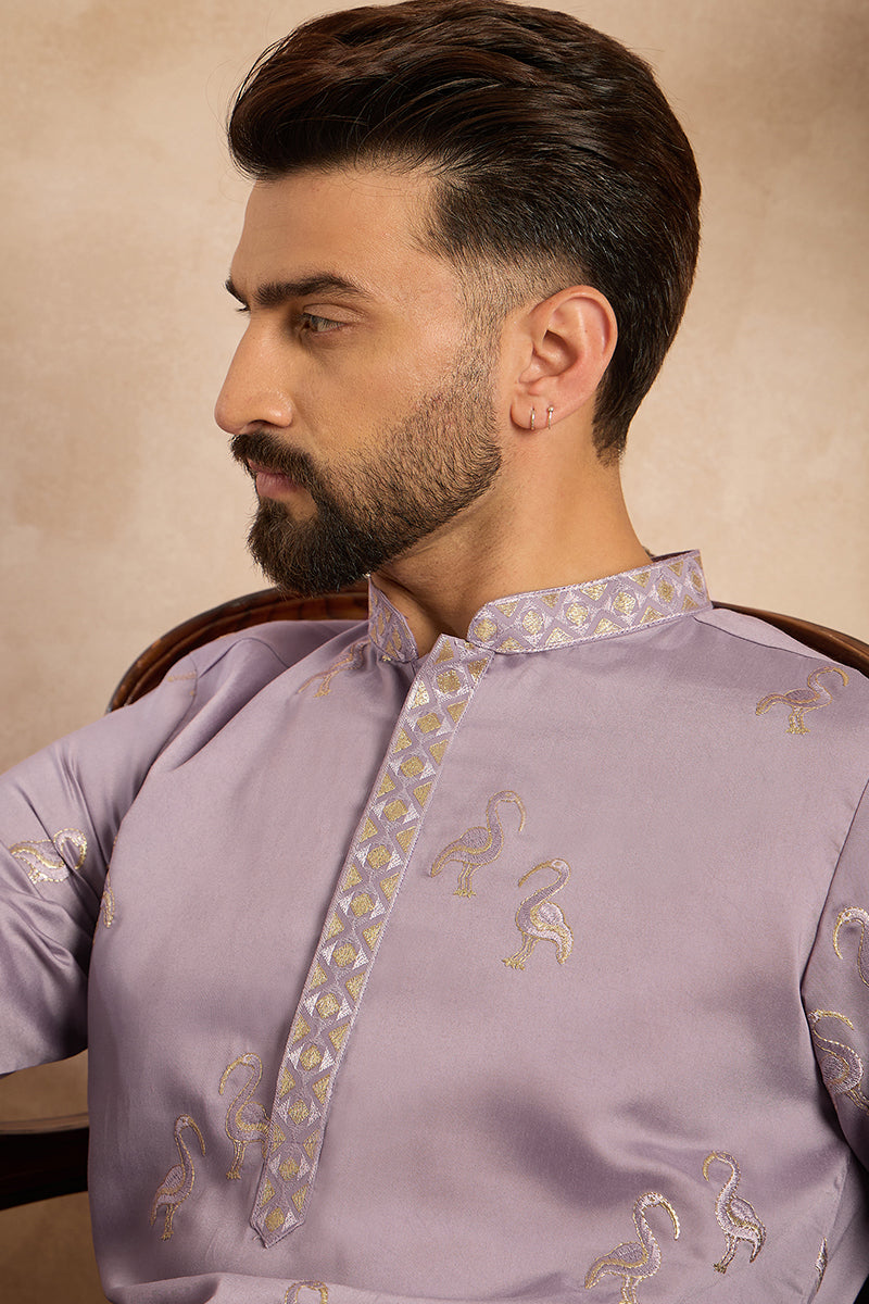 Lavender Silk Blend Solid Embroidered Straight Kurta With Trouser MKSET1815