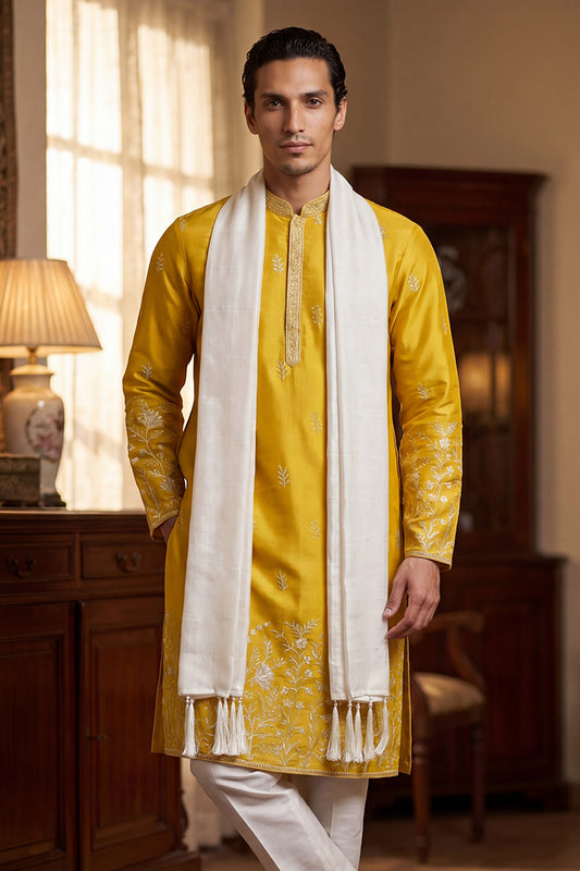Yellow Chanderi Silk Solid Embroidered Straight Kurta with Dupatta MKUD1314