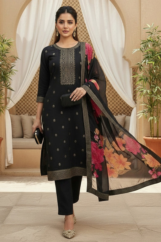 Black Silk Blend Ethnic Motifs Stoning Straight Kurta Trouser with Dupatta SKSKD3089