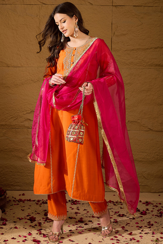 Orange Silk Blend Solid Embroidered A-Line Kurta Trouser with Dupatta PKSKD2841