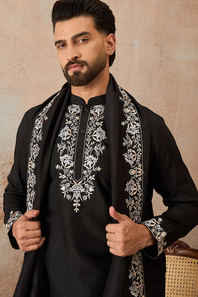 Black Silk Blend Solid Embroidered Kurta And Trouser With Dupatta MKPD1043