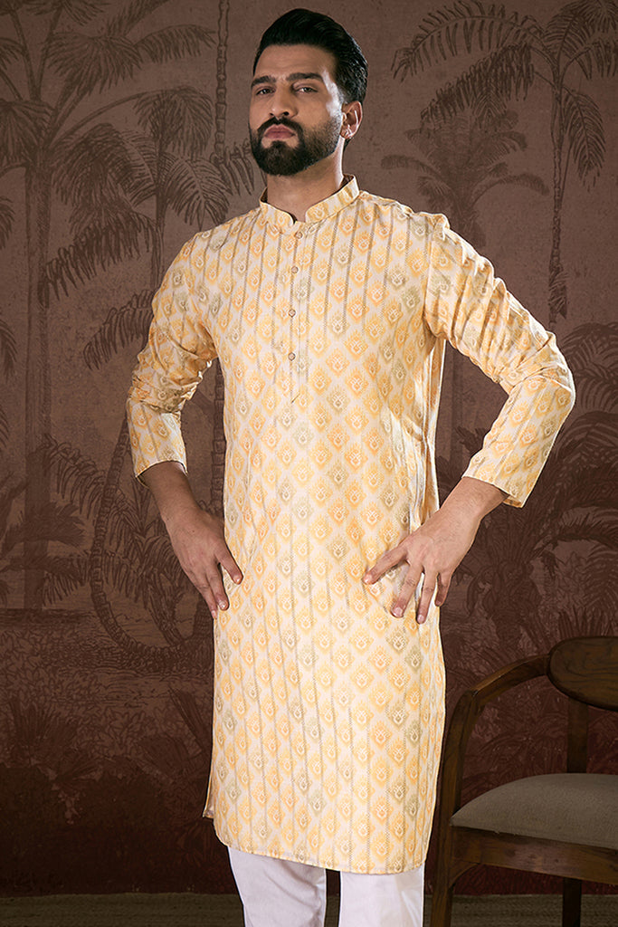 White Silk Blend Ethnic Motifs Printed Straight Kurta With Trouser MKSET1914
