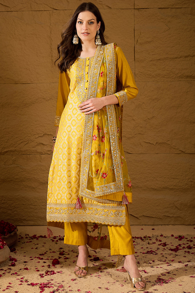 Yellow Silk Blend Solid Woven Design Straight Kurta Trousers With Dupatta PKSKD2935
