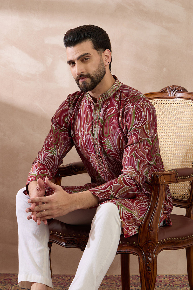 Red Silk Blend Printed Mandarin Collar Straight Kurta MKU1959