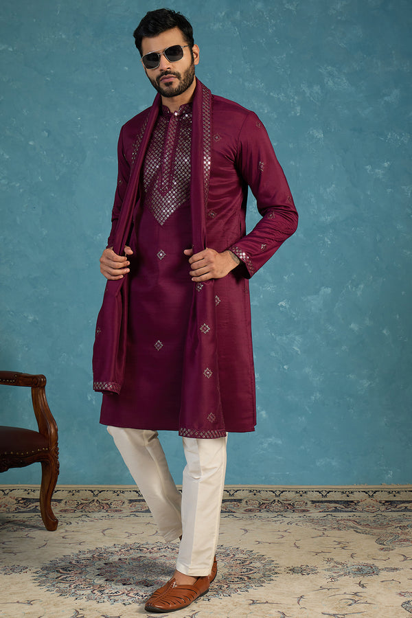 Purple Silk Blend Ethnic Motifs Embroidered Kurta&Dupatta With Trouser MKPD1076
