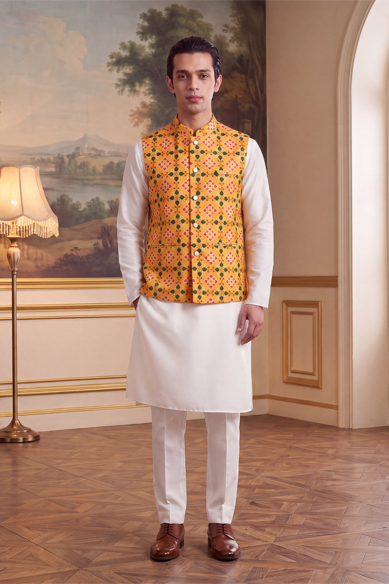 Yellow Silk Blend Patola Print Mandarine Collar Koti MKOT1050