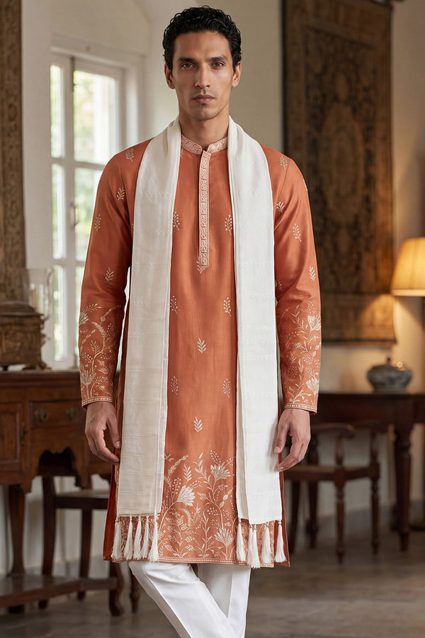 Peach Vartican Solid Embroidered Straight Kurta Sets MKUD1935