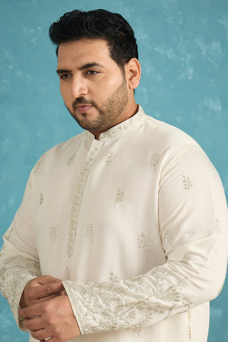 White Silk Blend Floral Thread Work Embroidered Kurta MKU1784