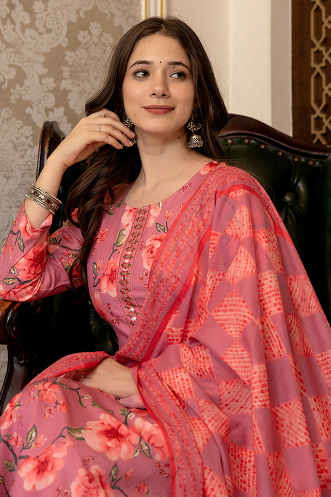 Pink Rayon Blend Floral Printed Straight Trouser Bottom Suit Set PKSKD2566PNK