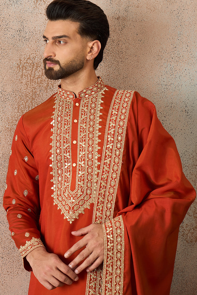 Orange Silk Blend Solid Embroidered Kurta And Trouser With Dupatta MKPD1028