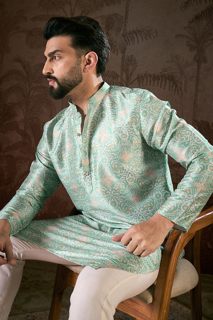Turquoise Blue Silk Blend Abstract Printed Straight Kurta MKU1967