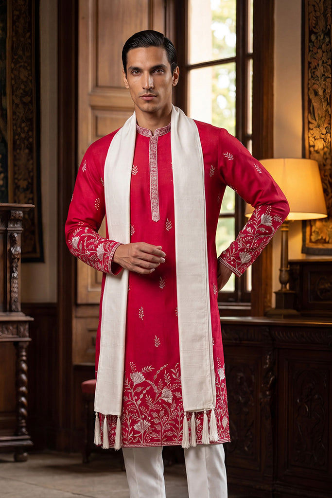 Pink Silk Blend Solid Embroidered Straight Kurta with Dupatta MKUD1943