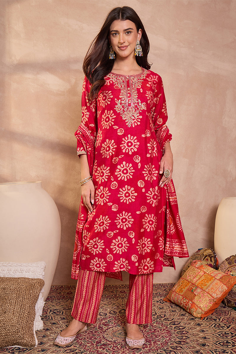Pink Rayon Blend Floral Printed Straight Kurta Trouser With Dupatta VKSKD3214