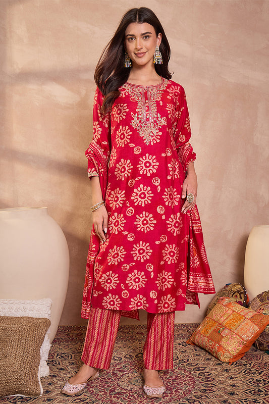 Pink Rayon Blend Floral Printed Straight Kurta Trouser With Dupatta VKSKD3214