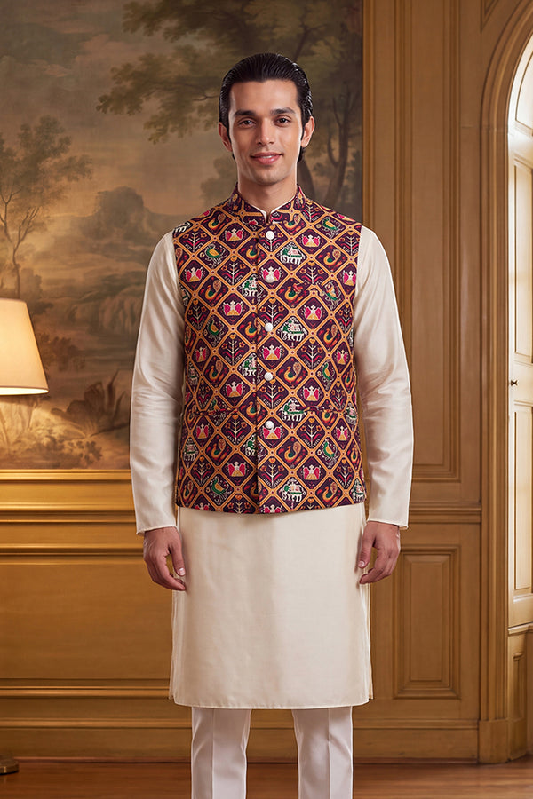 Purple Silk Blend Patola Print Mandarine Collar Koti MKOT1047