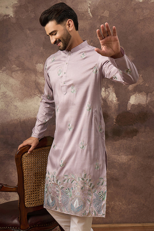 Lavender Silk Blend Solid Embroidered Straight Kurta MKU1349