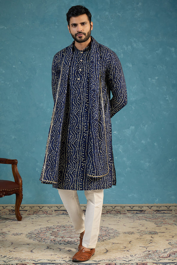 Blue Viscose Rayon Bandhani Printed Kurta With Dupatta MKUD1080