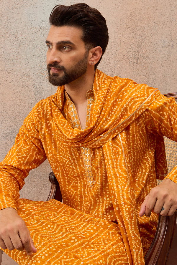 Rust Viscose Rayon Bandhani Printed Kurta With Dupatta MKUD1079