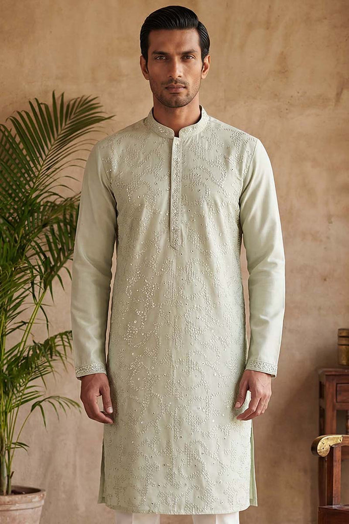 Silk Blend Green Solid Embroidered Calf Length Straight Kurta With Trousers MKSET2133