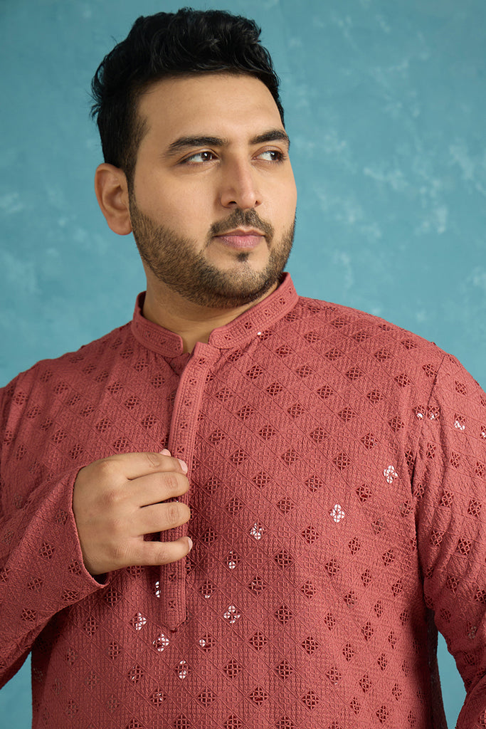 Red Viscose Rayon Solid Chikankari Embroidered Kurta MKU1057