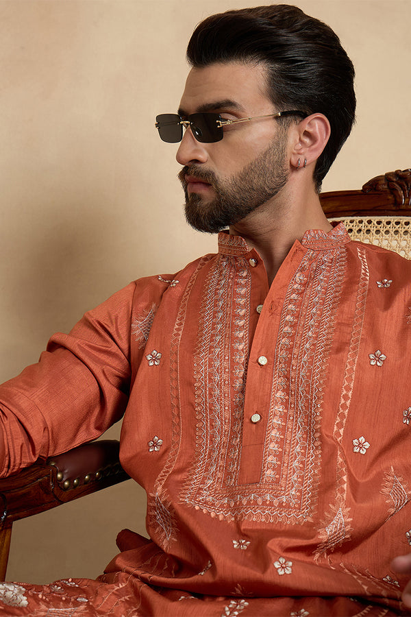 Orange Silk Blend Solid Embroidered Straight Kurta MKU2524