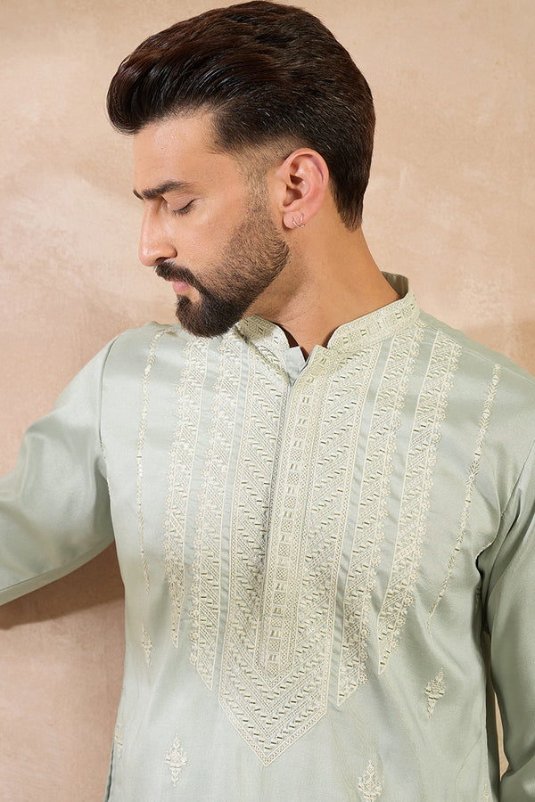 Green Silk Blend Geometric Embroidered Straight Kurta With Trouser MKSET1686