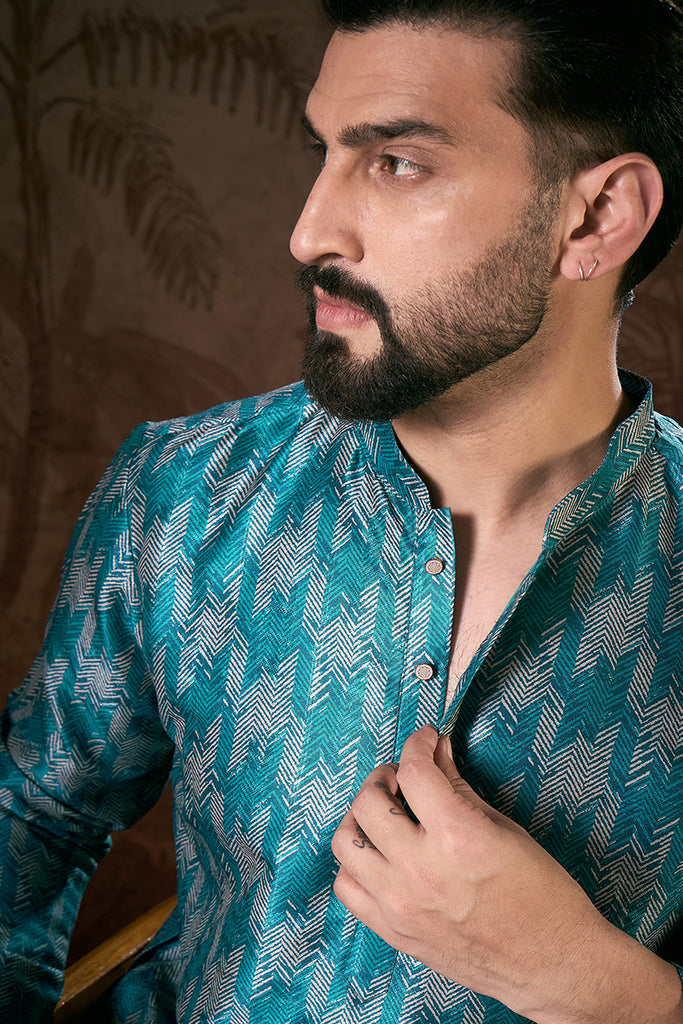 Turquoise Blue Silk Blend Chevron Printed Straight Kurta MKU1916