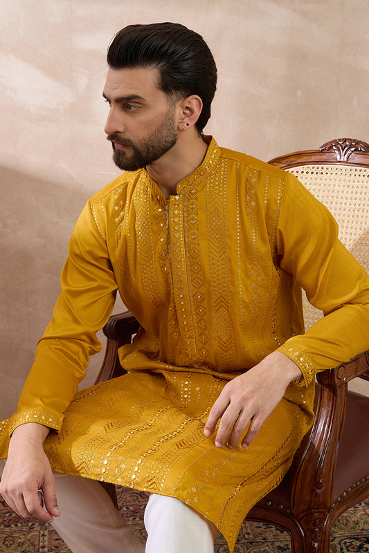 Mustard Silk Blend Embroidered Mandarin Collar Straight Kurta MKU1888