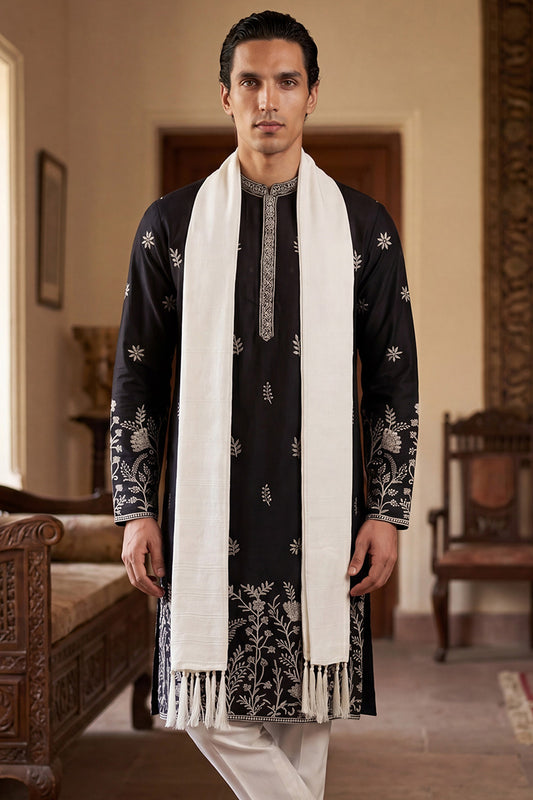 Black Silk Blend Solid Embroidered Straight Kurta Sets MKUD1782