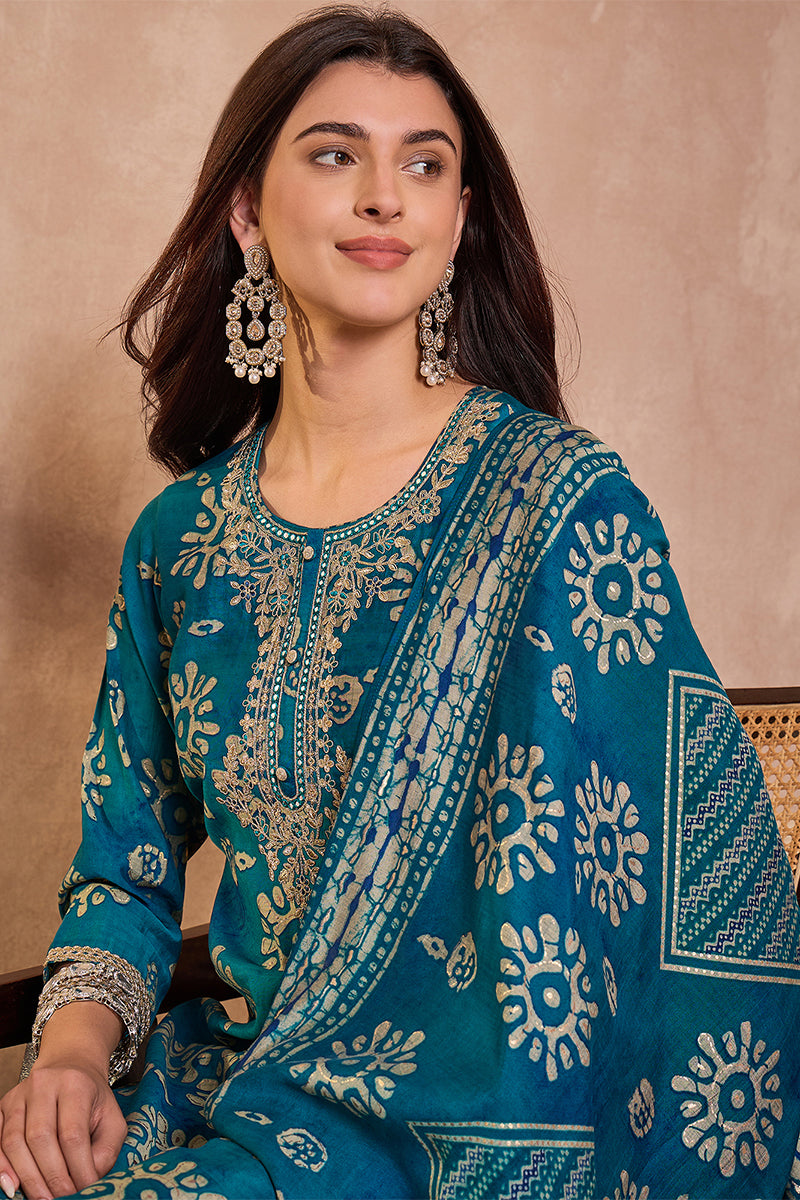 Blue Rayon Blend Floral Printed Straight Kurta Trouser With Dupatta VKSKD3215