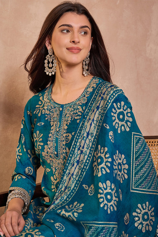 Blue Rayon Blend Floral Printed Straight Kurta Trouser With Dupatta VKSKD3215