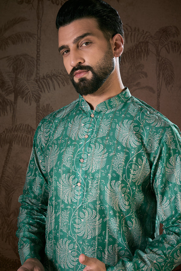 Teal Silk Blend Floral Printed Straight Kurta With Trouser MKSET1971