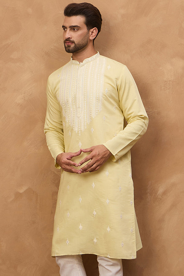 Yellow Silk Blend Solid Embroidered Straight Kurta MKU1509